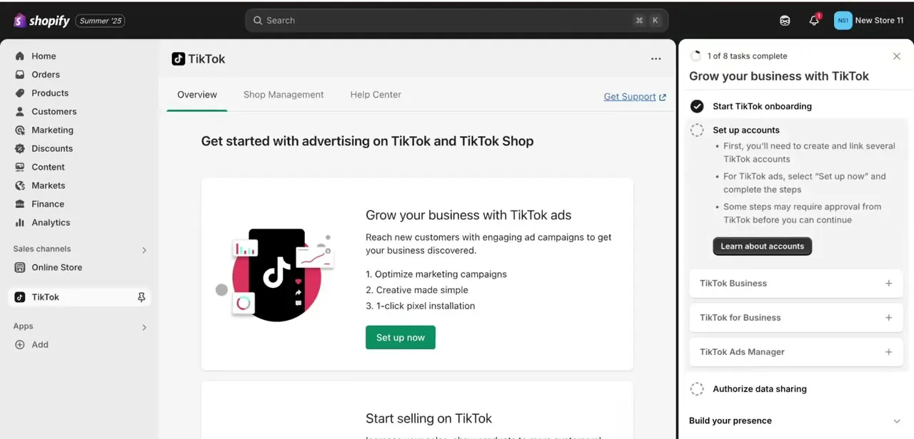 The TikTok app's onboarding panel inside Shopify admin, showing an 8-step task list to connect accounts and authorize data sharing.