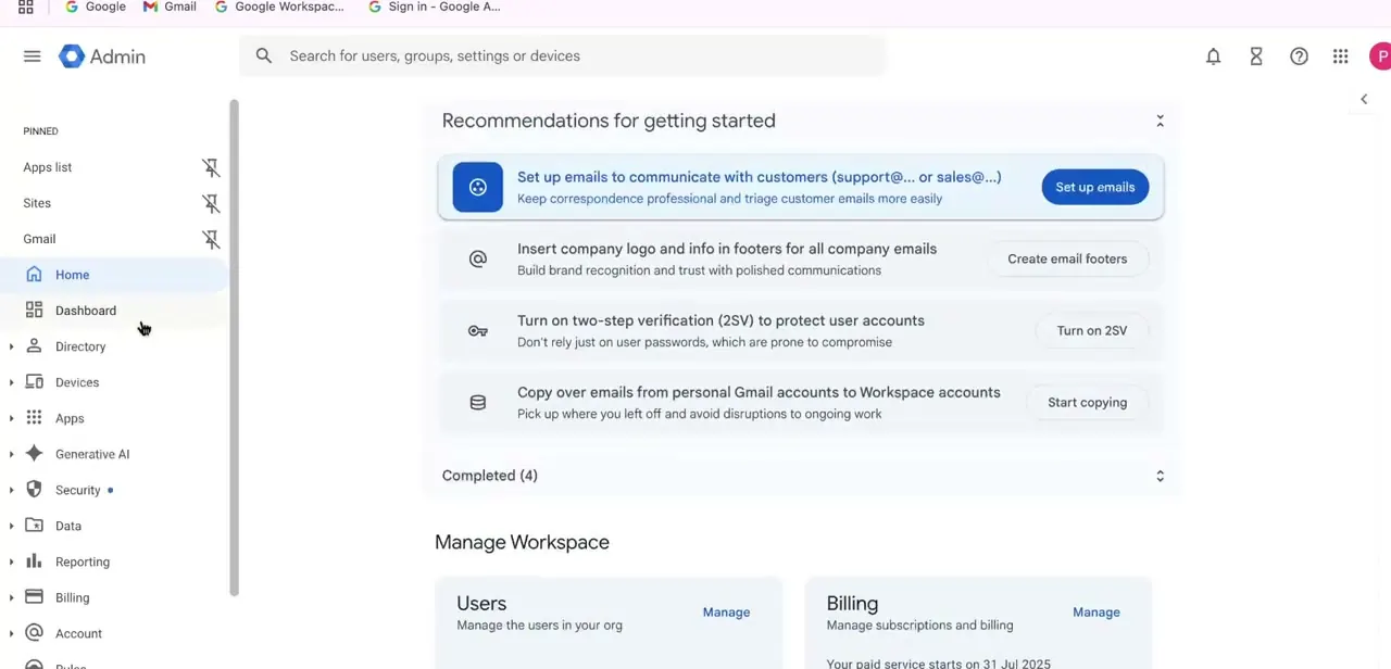 The Google Workspace Admin console home screen, with getting-started recommendations and quick links to manage Users and Billing.