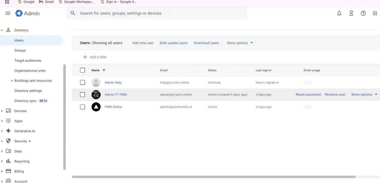 The Directory > Users list in the Admin console, showing each account's status and last sign-in — the starting point for checking or adjusting a user's permissions.