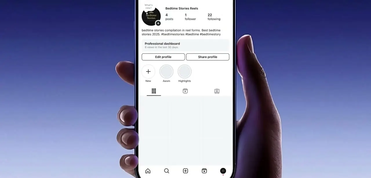 A profile page open in Instagram — this is the screen you start from, tapping the menu icon in the top right to find the logout option.
