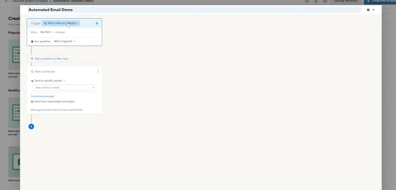 The workflow builder showing a Trigger block set to "When rows are changed" connected to an Alert someone action.