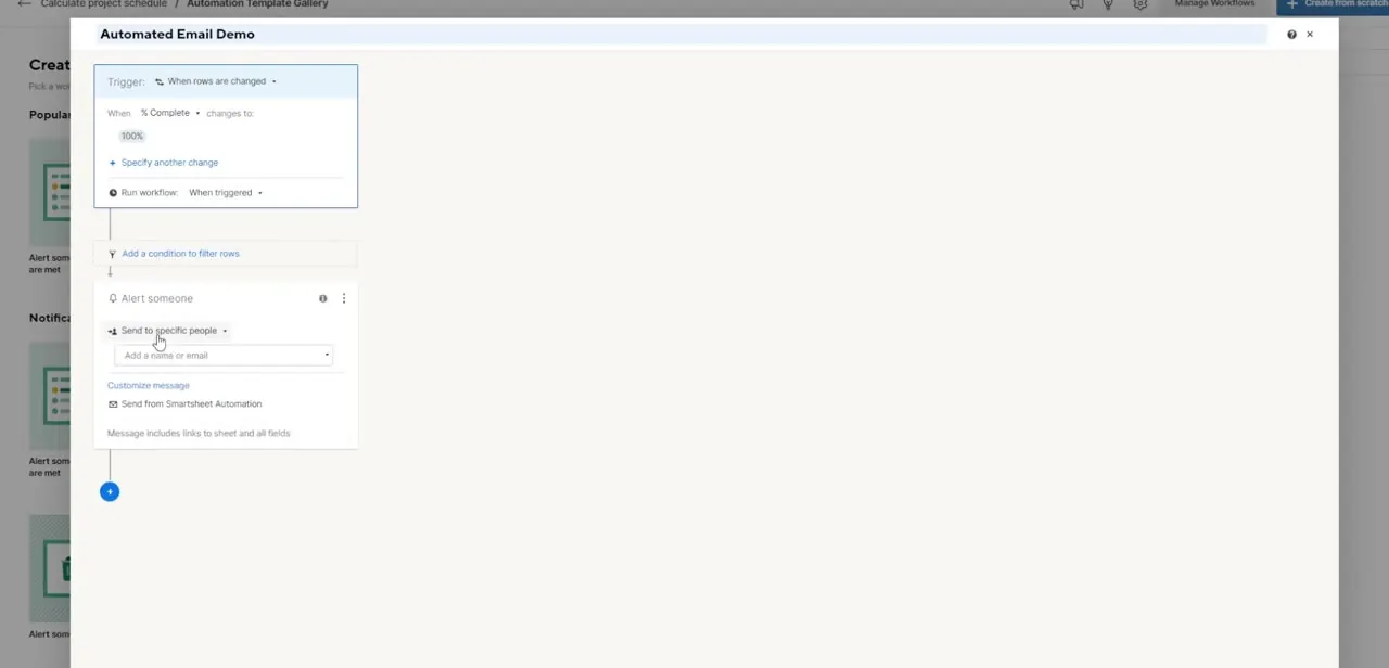 The same trigger reconfigured to fire only when the % Complete field changes to 100%, with the Alert someone action still attached below it.