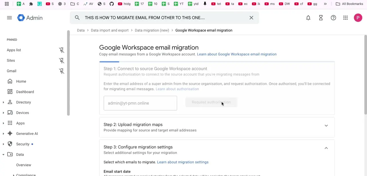 The wizard's first stage, connecting to the source account by super admin email address before any data moves.
