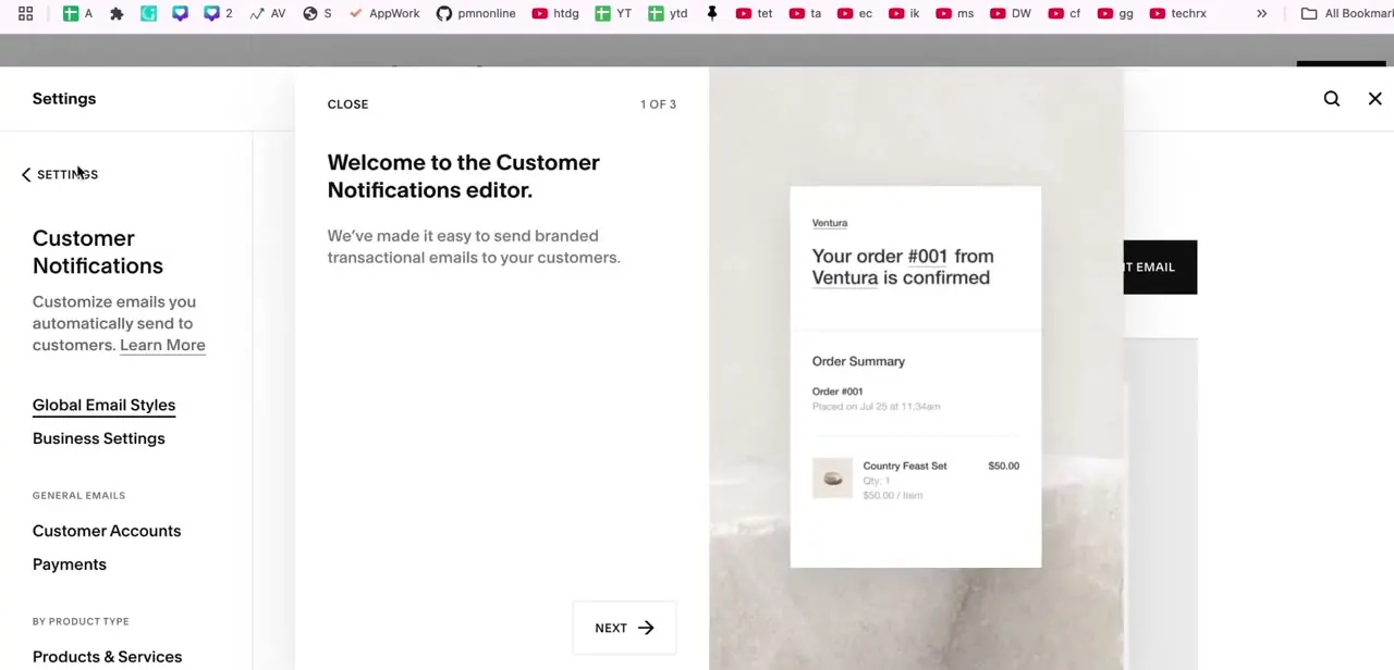 The Settings sidebar showing Customer Notifications open, with Payments listed just below it under general account settings.