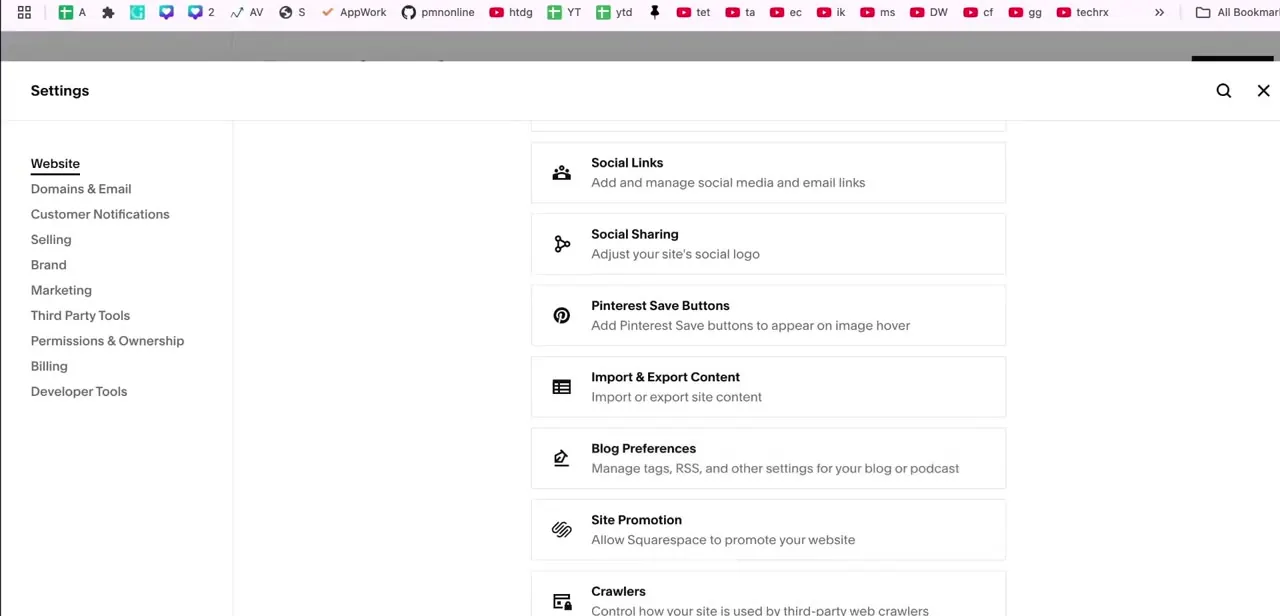 The Settings panel's category list, with Selling positioned between Customer Notifications and Brand.