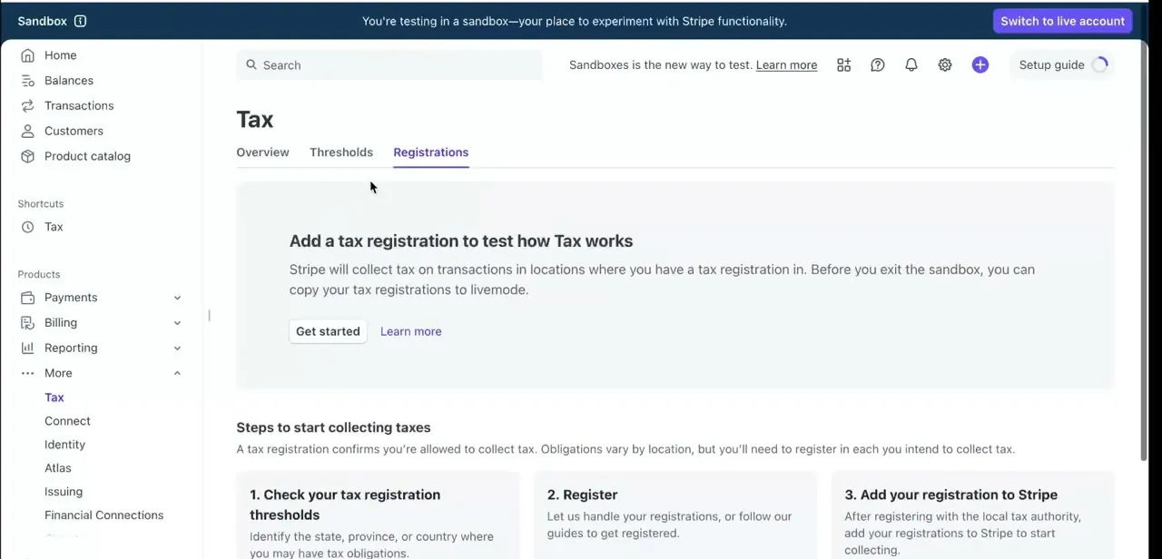 The Registrations tab under Tax, with "Add a tax registration" and the three-step process: check thresholds, register, then add the registration to Stripe.