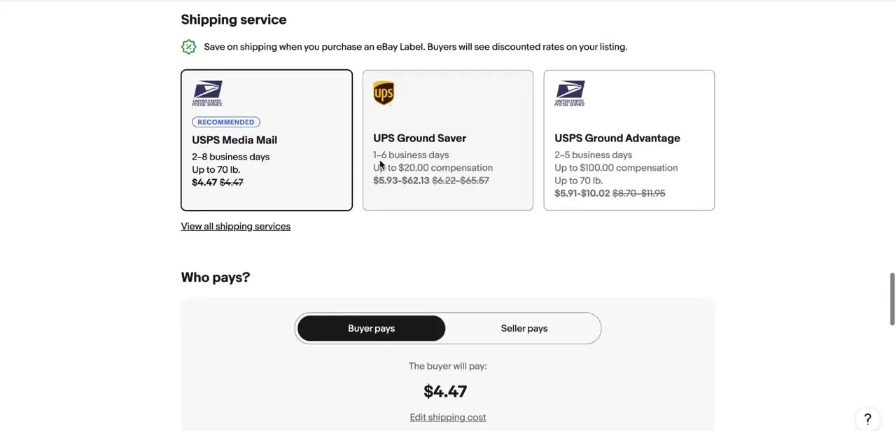 The domestic Shipping service picker, with USPS and UPS options compared side by side and a Buyer pays / Seller pays toggle underneath.
