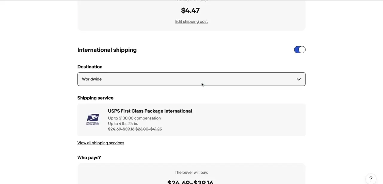 International shipping switched on, with Destination set to Worldwide and USPS First Class Package International selected as the carrier service.