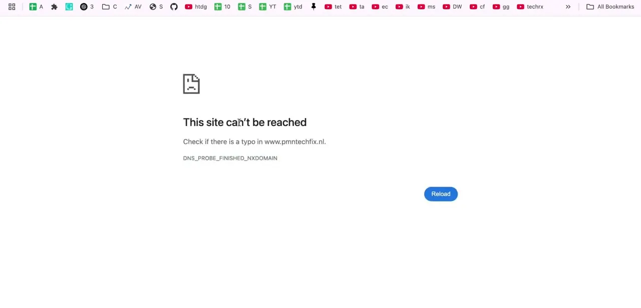 The "This site can't be reached" browser error with a DNS_PROBE_FINISHED_NXDOMAIN code — the typical symptom of forwarding that hasn't propagated yet, not a misconfigured rule.