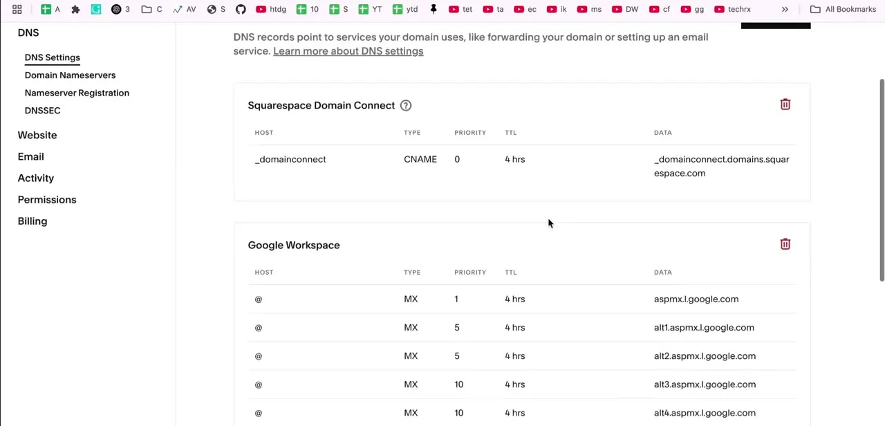 The DNS Settings page, showing the Squarespace Domain Connect CNAME record alongside a separate block of Google Workspace MX records for the same domain.