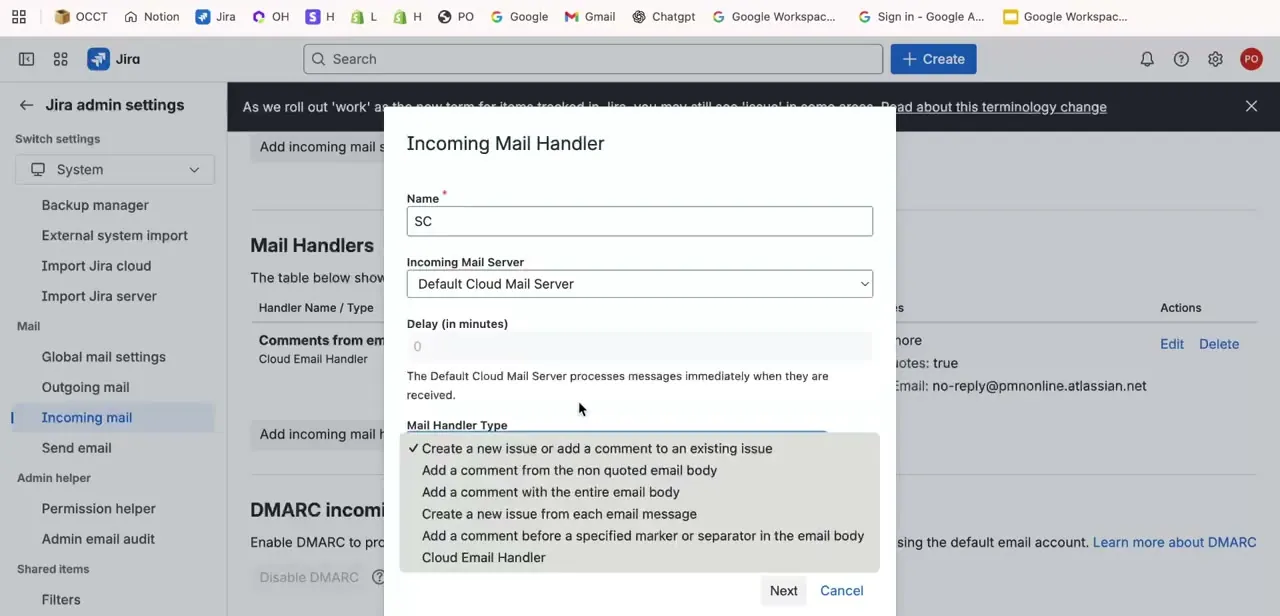 The Incoming Mail Handler dialog, with Mail Handler Type options including creating a new issue or adding a comment to an existing one.