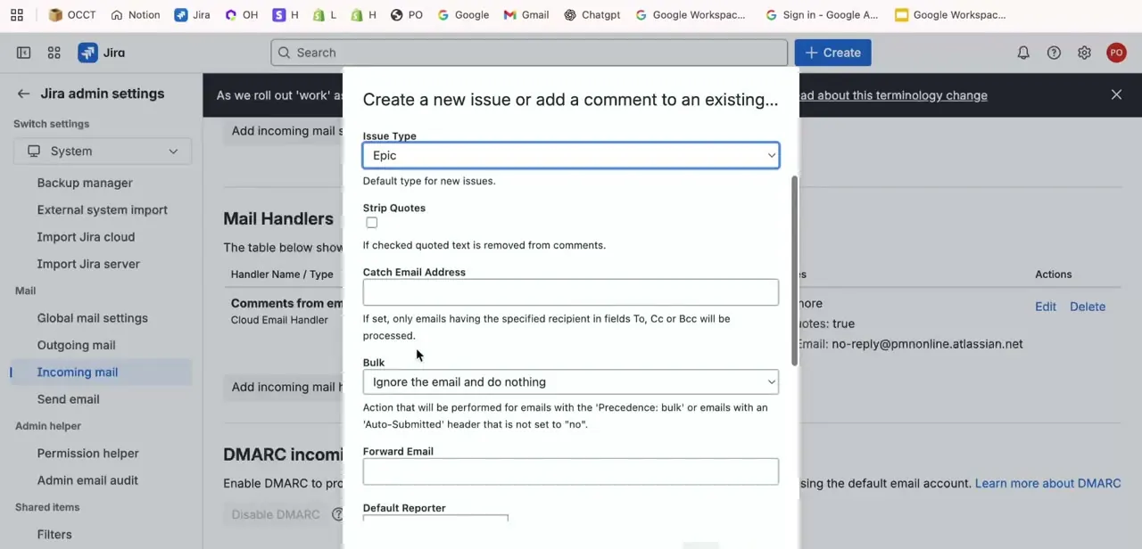 The issue-creation configuration screen, with Issue Type, Catch Email Address, and Bulk handling options for the mail handler.