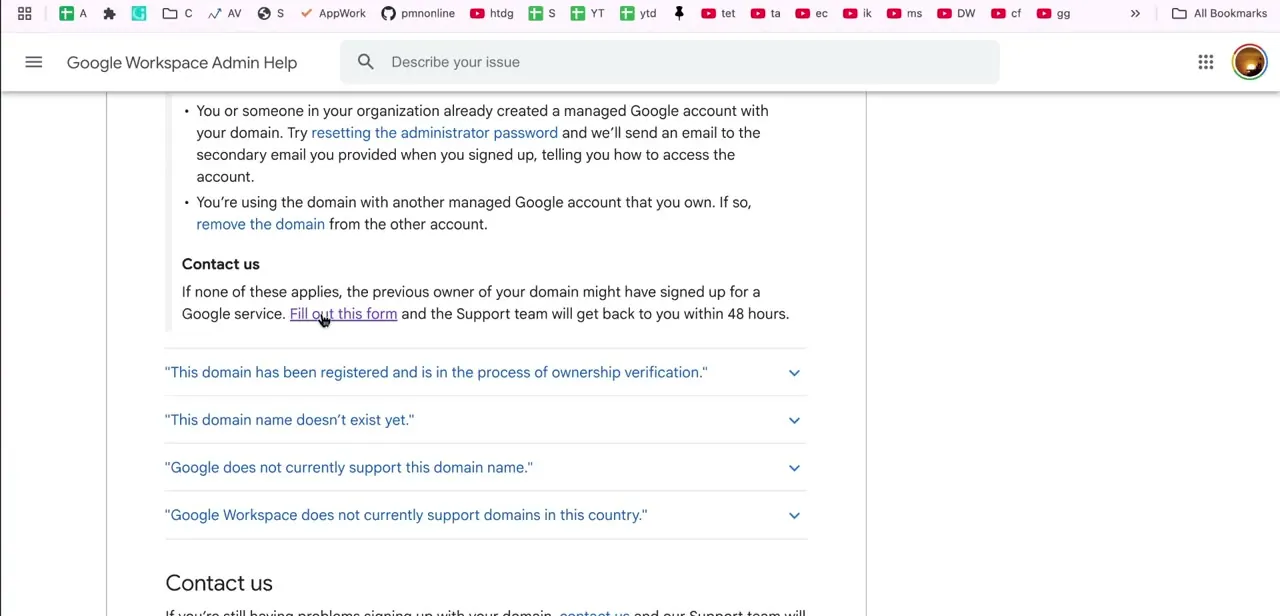 The Google Workspace Admin Help page listing possible causes, with the "Fill out this form" link for cases where none of them apply.