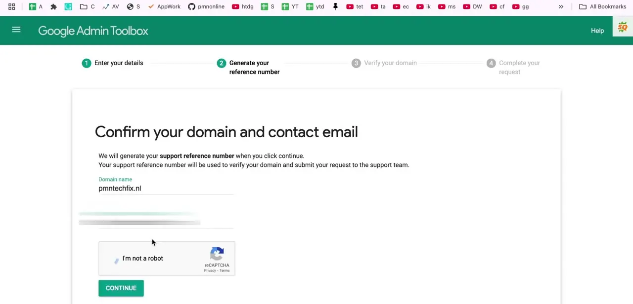 The Google Admin Toolbox recovery form's second step, confirming the domain and contact email before generating a support reference number.