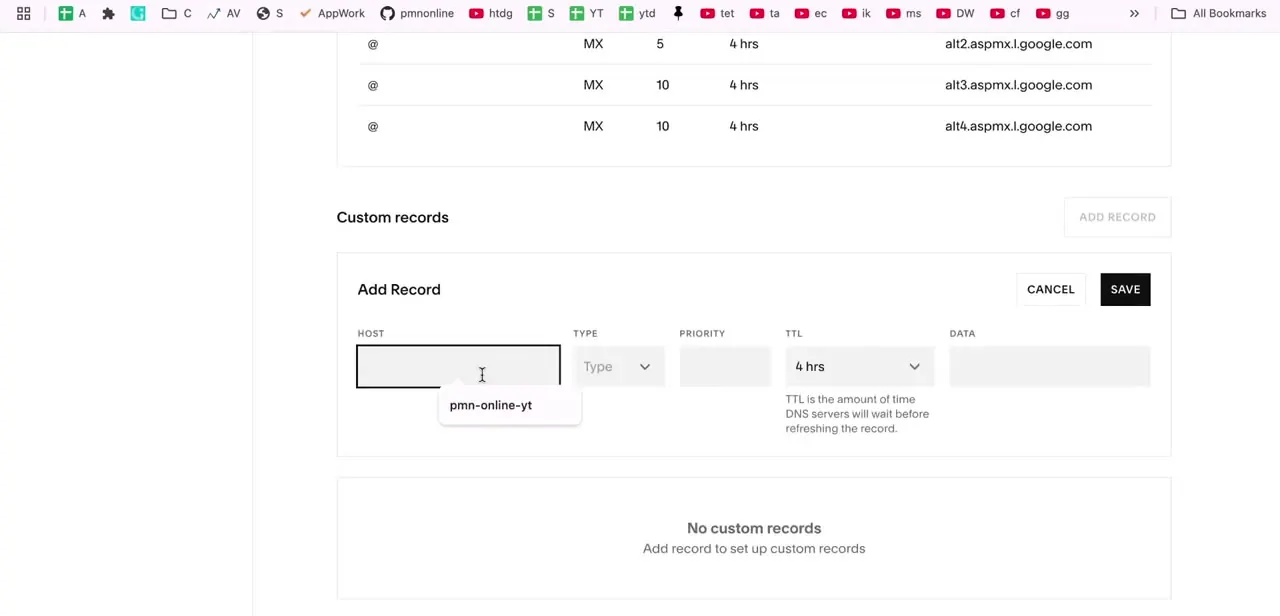 Adding a custom DNS record in Squarespace's domain settings: Host, Type, Priority, TTL, and Data fields for the TXT verification entry.