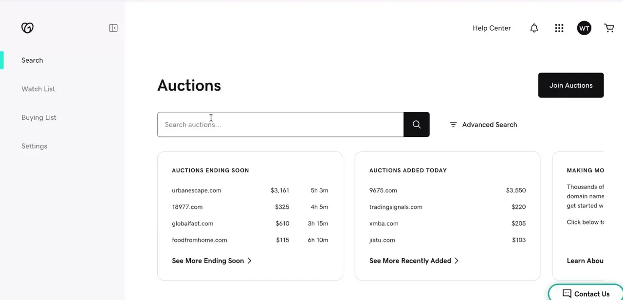 The Auctions dashboard, with Auctions Ending Soon and Auctions Added Today panels listing domains, current prices, and time remaining.