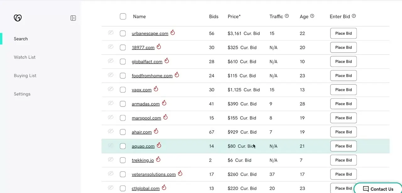 The full auction listing table with Bids, Price, Traffic, and Age columns next to a Place Bid button for each domain.