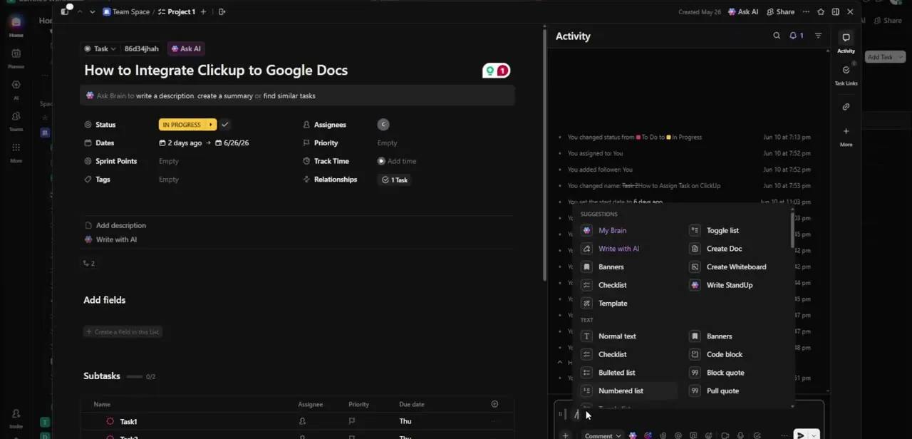 ClickUp's slash-command suggestions menu, open inside a task's comment field, listing Create Doc, Create Whiteboard, Checklist, and Template as insertable options.