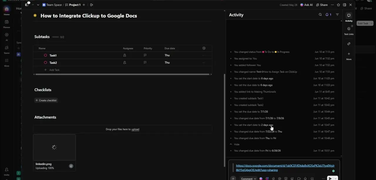 A ClickUp task's comment box with a full Google Docs sharing URL pasted in, ready to post as a linked reference in the task's Activity feed.