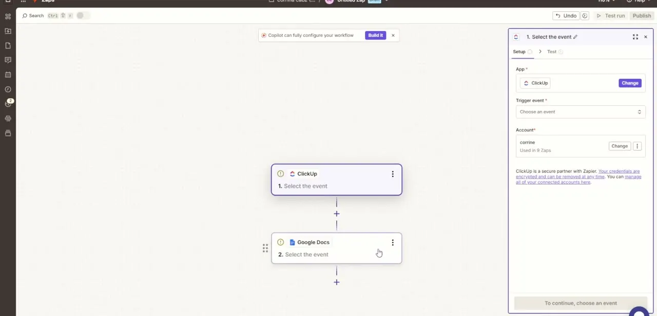 A Zapier Zap builder with ClickUp set as the trigger app and Google Docs as the connected action step, each block waiting for its event to be selected.