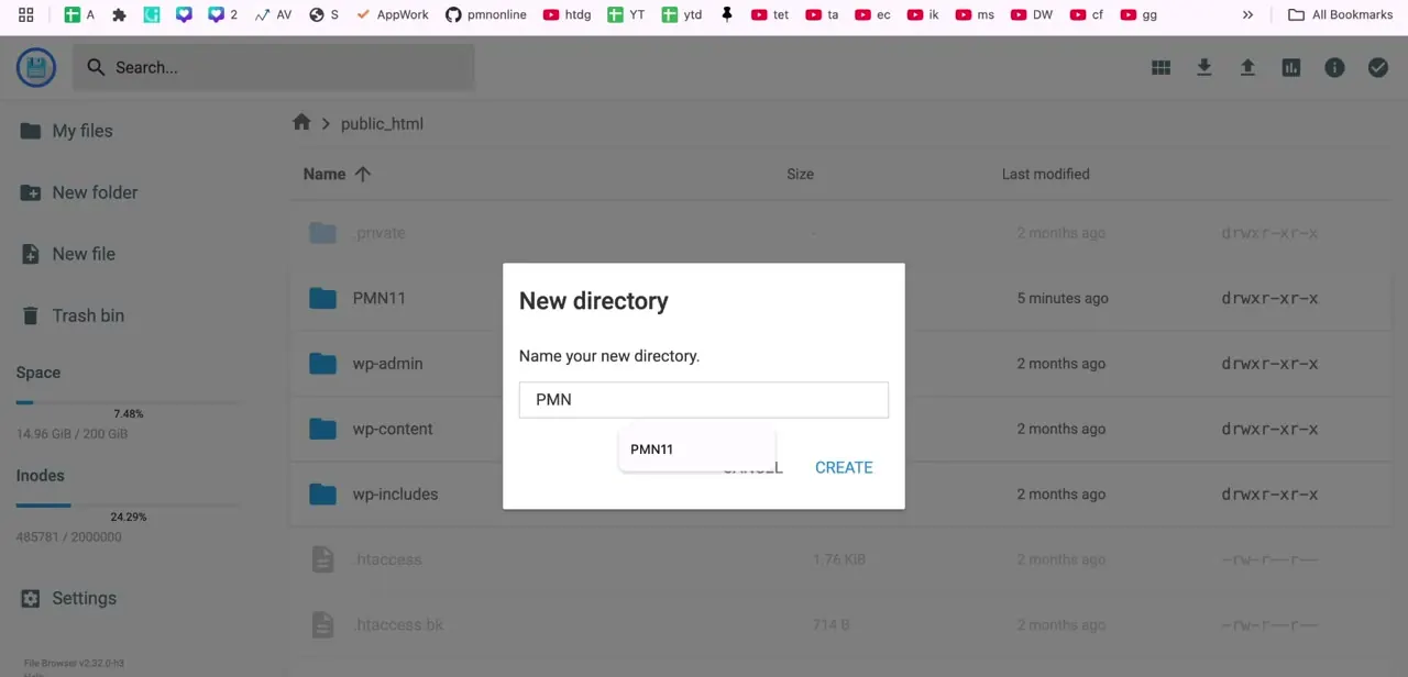 The New directory dialog in File Manager, naming a folder before clicking Create. This becomes the subfolder your site will load from.