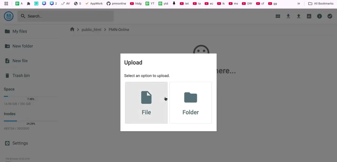 The Upload dialog inside a project folder, offering File or Folder as upload options.