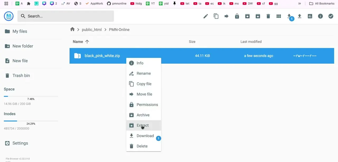 The file actions menu for an uploaded ZIP, with Extract highlighted among options like Rename, Move file, and Download.