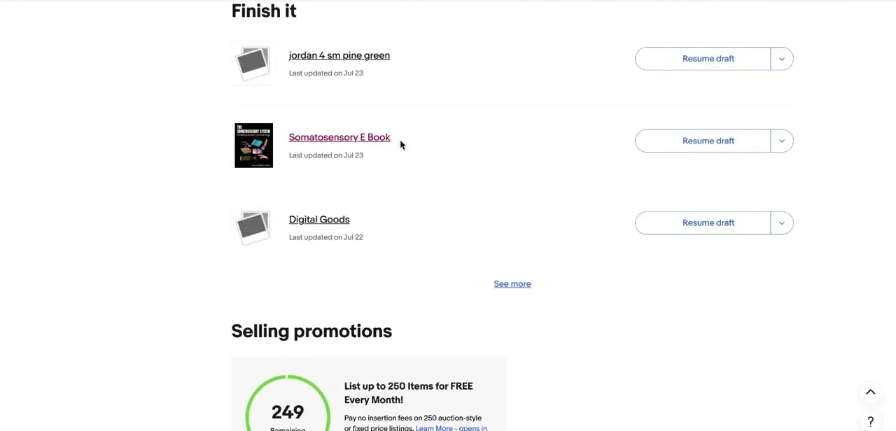 Draft listings waiting to be finished, each with a Resume draft button, the same place a half-completed variation listing will sit until you publish it.