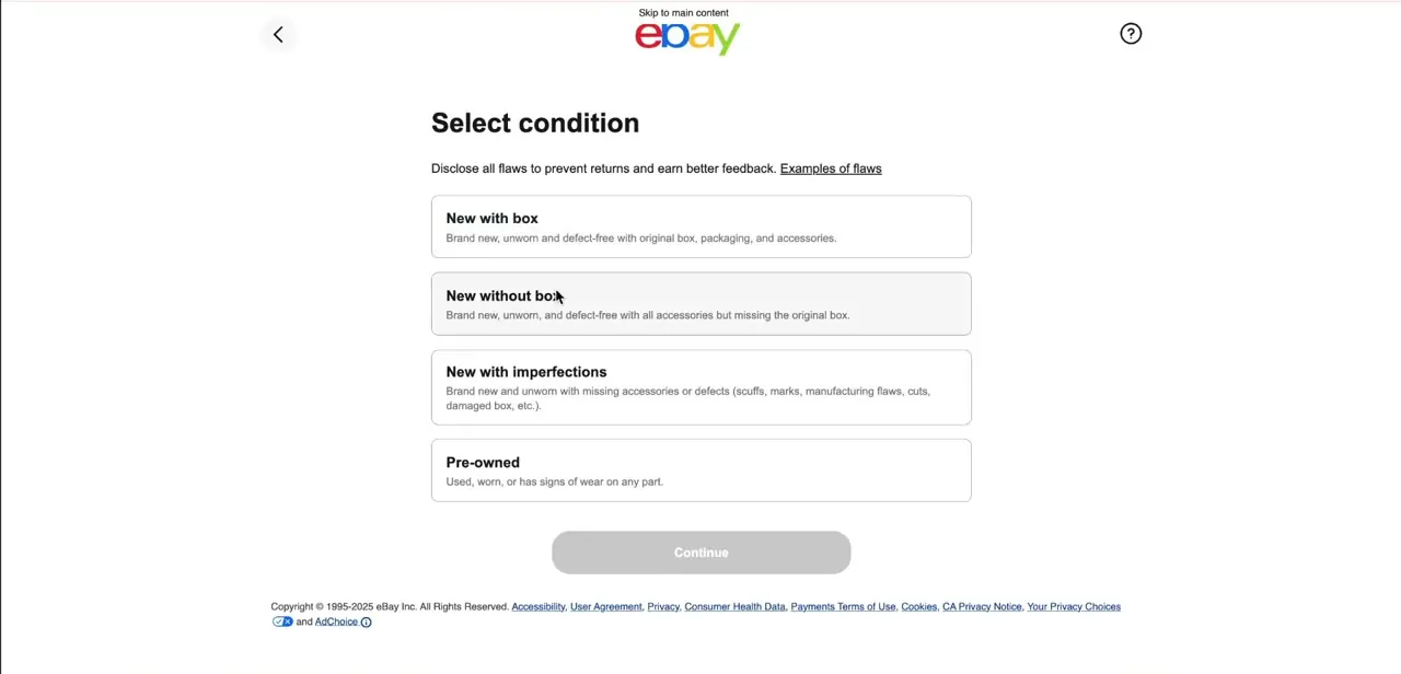 The Select condition step in eBay's listing flow. This runs before variations are configured, so get the base item details locked in first.