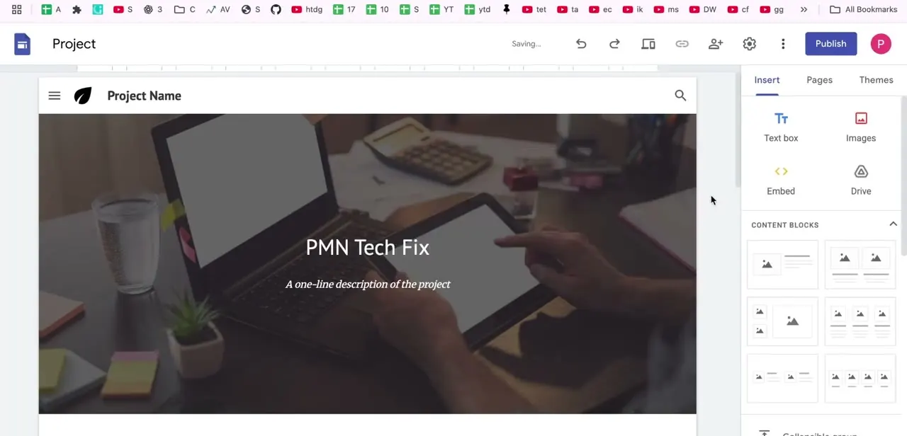 The Sites editor on a new project, with the Insert panel's Text box, Images, Embed, and Drive options plus a gallery of content block layouts.