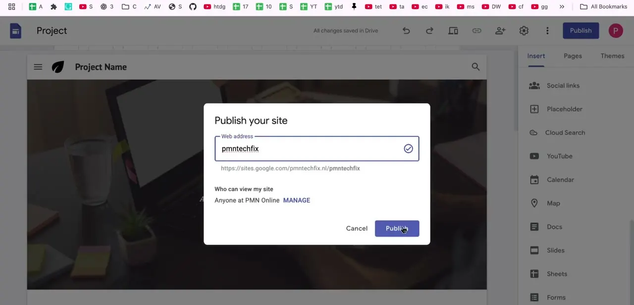 The Publish your site dialog, with the web address field, a live URL preview, and viewer-access controls before publishing.