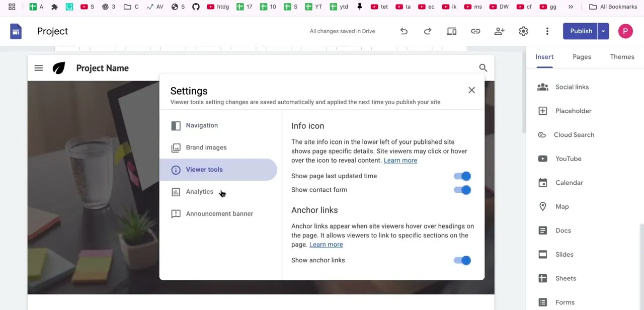 The Settings panel's Viewer tools tab, with toggles for the info icon's last-updated time, contact form, and anchor links.