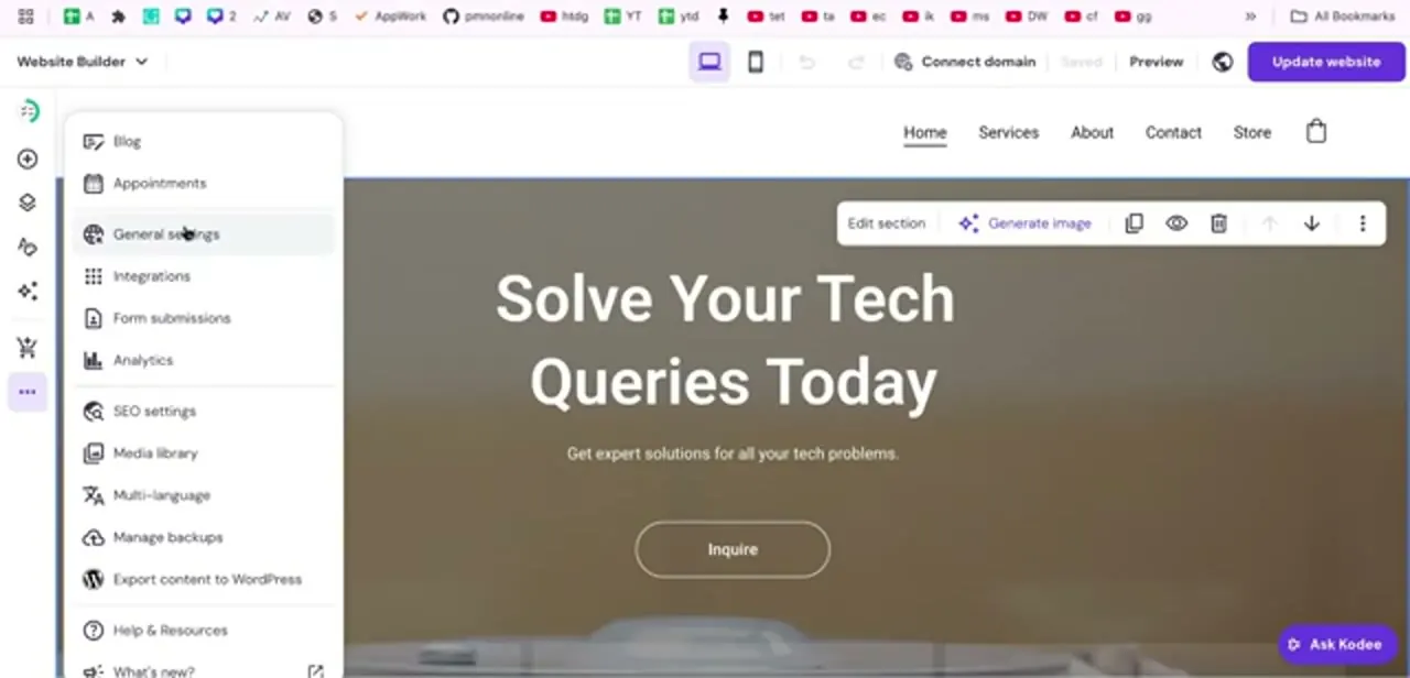 The three-dot menu open in the left rail, with General settings sitting well above SEO settings.