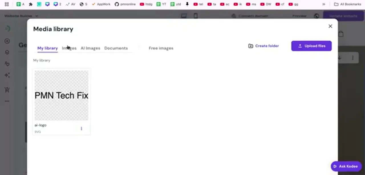 The media library open over the builder, with an existing logo under My library and Upload files at the top right.