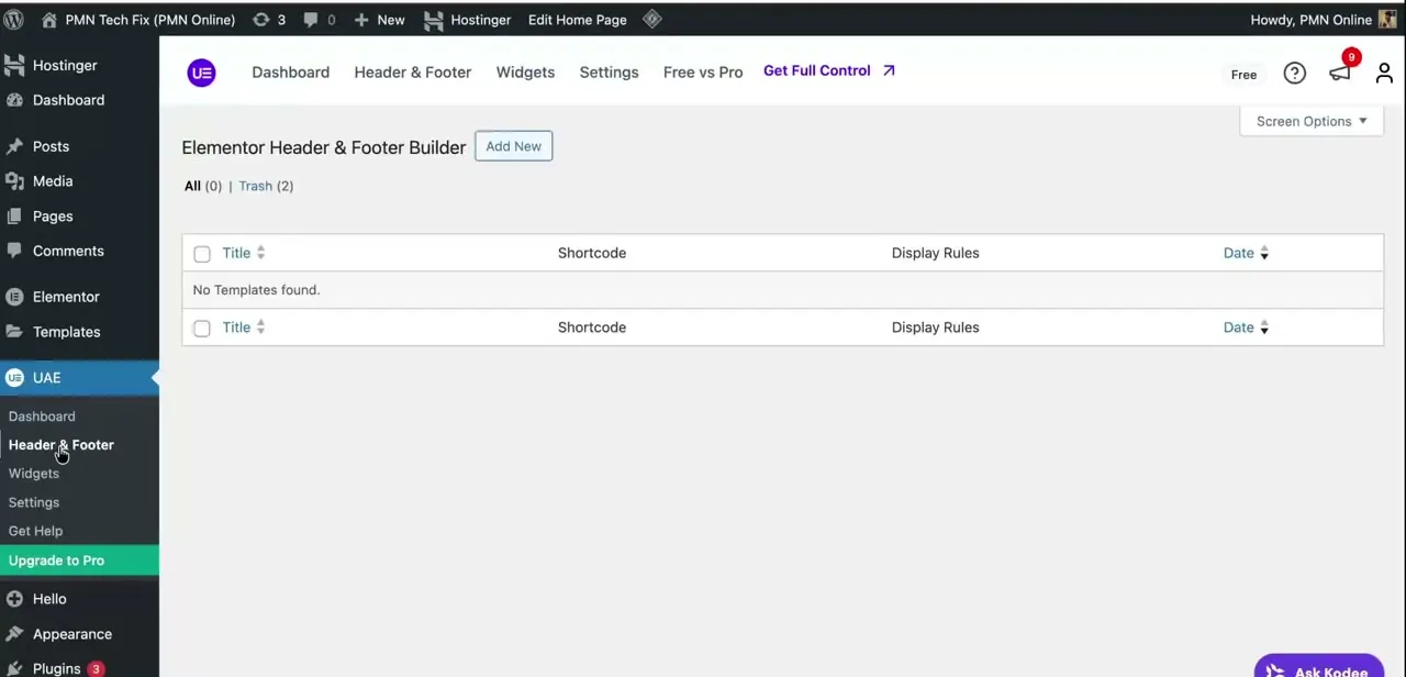 The plugin's Elementor Header & Footer Builder screen, empty and ready for a new template, reached from its own sidebar menu separate from Elementor itself.