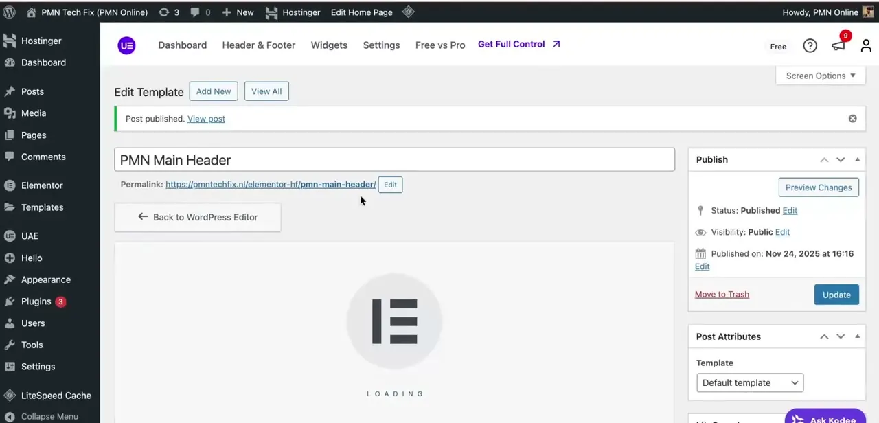 A published header template named "PMN Main Header," with its own permalink and the usual WordPress Publish panel for status and visibility.