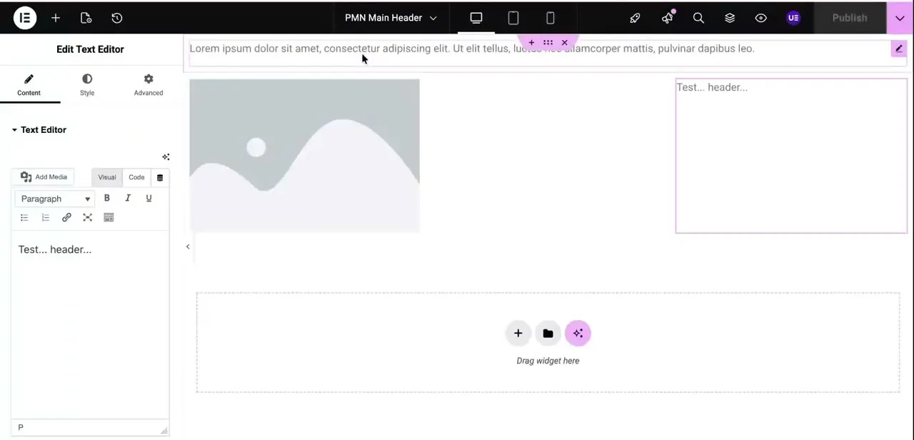 The header template open in Elementor's standard editor, with an image placeholder and text block dropped in and an empty zone ready for more widgets.