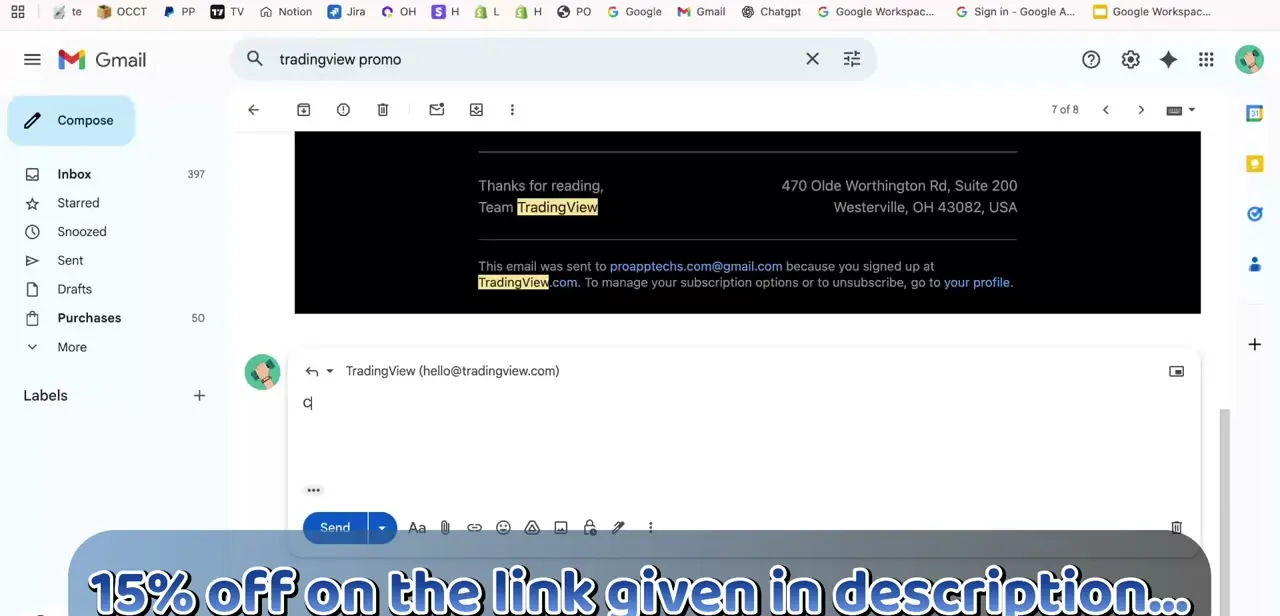 An official TradingView email located via inbox search, with the sender and unsubscribe link both pointing back to tradingview.com.