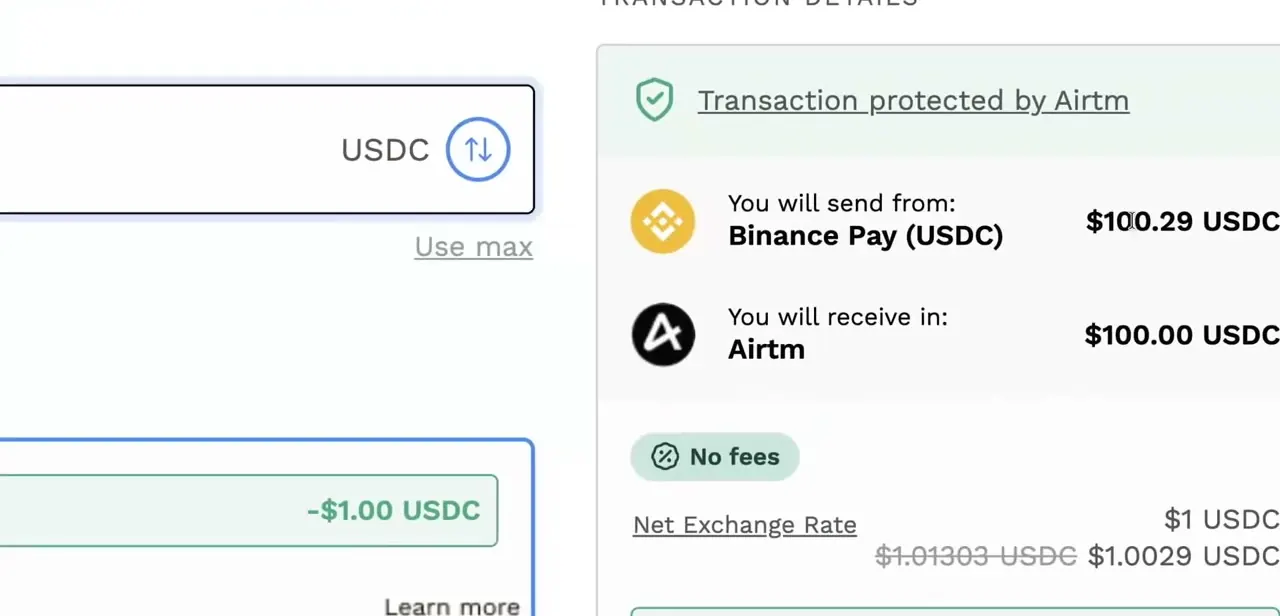 A Binance Pay to Airtm transaction: sending $100.29 USDC from Binance Pay and receiving $100.00 USDC in Airtm, marked as protected with no fees on this route.