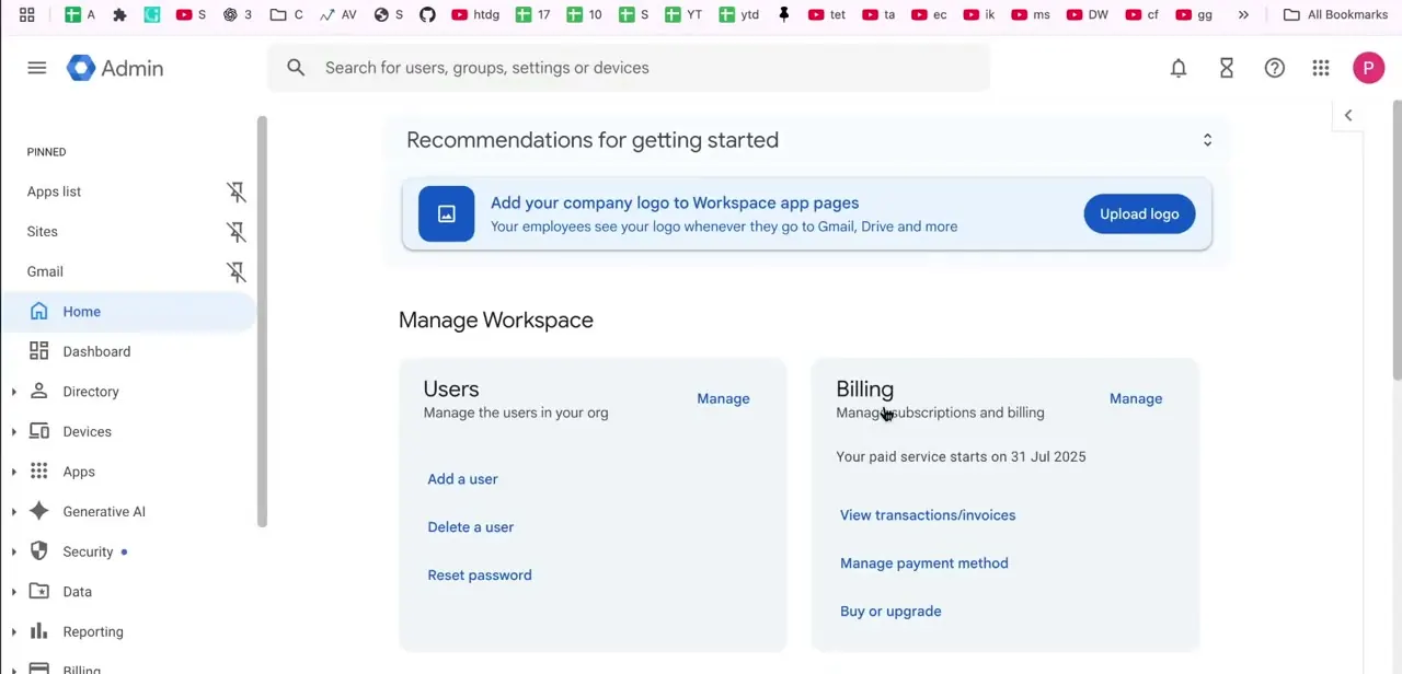 The Admin Console home screen, with getting-started recommendations at the top and Users and Billing management cards below.