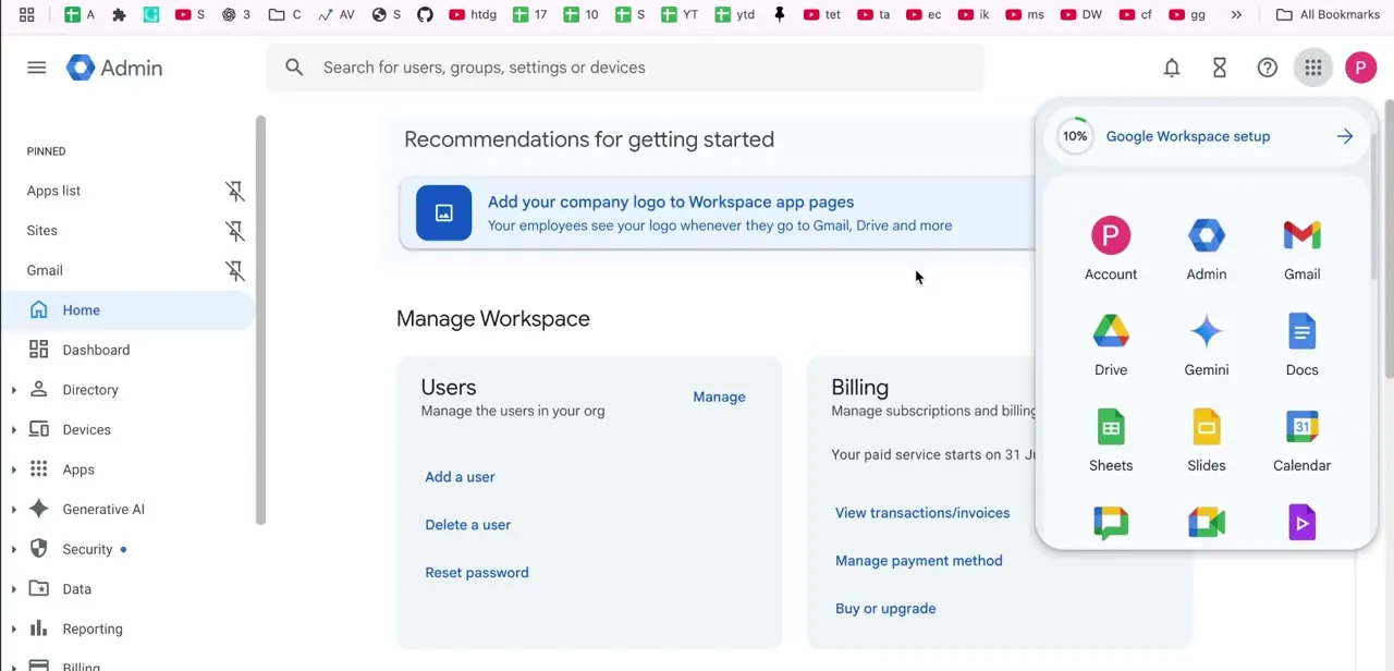 The Admin Console's app switcher, open over the Home screen, showing quick links to every app in the suite alongside a setup-progress indicator.