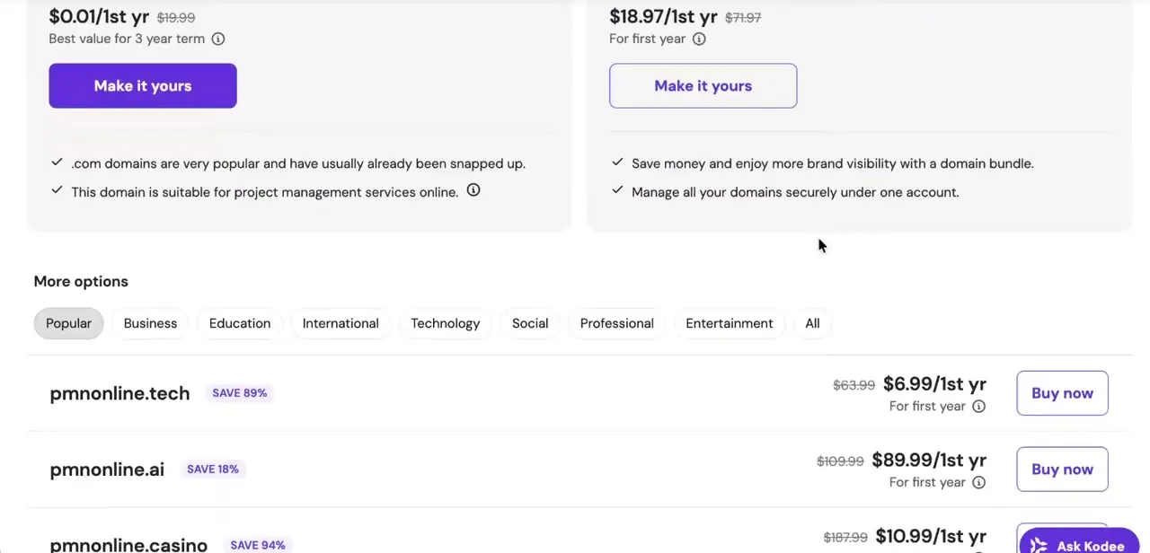 Domain search results showing multiple extensions with their first-year discounted prices side by side.