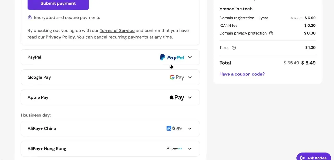 Checkout with the order summary — registration fee, ICANN fee, tax, and total — alongside PayPal, Google Pay, and Apple Pay options.