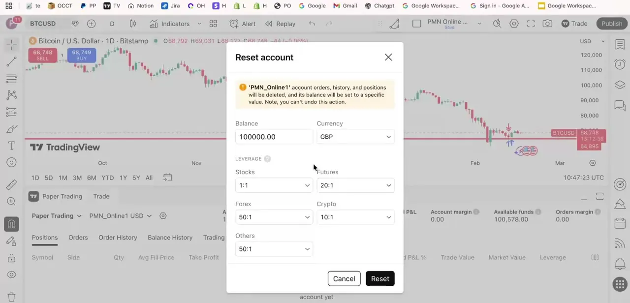 The Reset account dialog, with fields for starting balance, currency, and leverage across stocks, futures, forex, crypto, and other instruments.