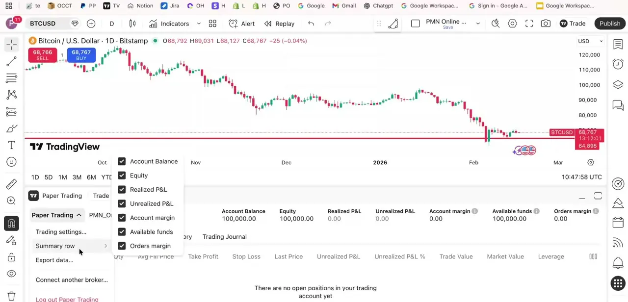 The Summary row settings menu, with checkboxes for Account Balance, Equity, Realized P&L, Unrealized P&L, and margin figures after a reset.