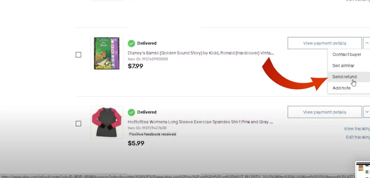 The order dropdown menu on a delivered item, with Send refund sitting between Contact buyer and Add note.