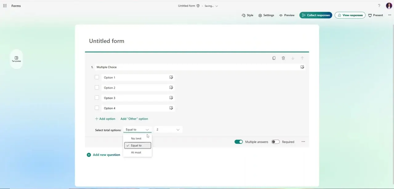 The Select total options dropdown open, showing No limit, Equal to, and At most as the available constraints on a multi-answer question.