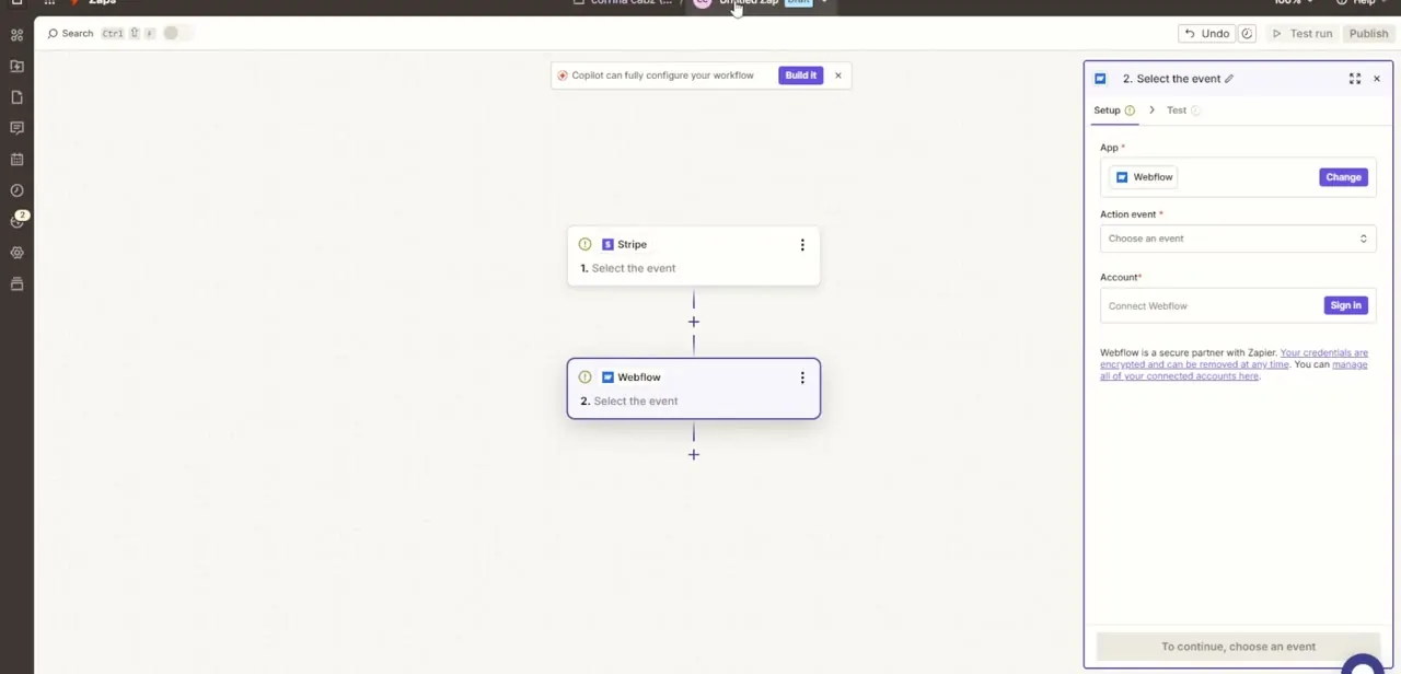 A Zap with Stripe set as the trigger app and Webflow added as the second step, waiting on an action event and an authorized account.