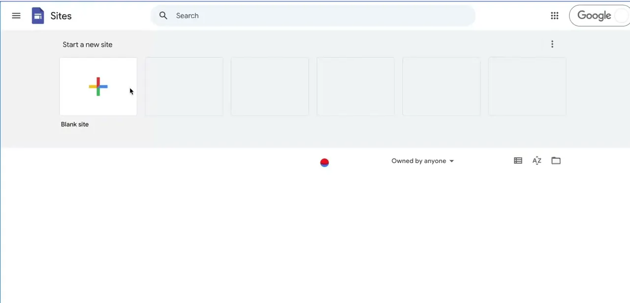 The "Start a new site" screen, with Blank site as the first option in a row of starting points you can build from.