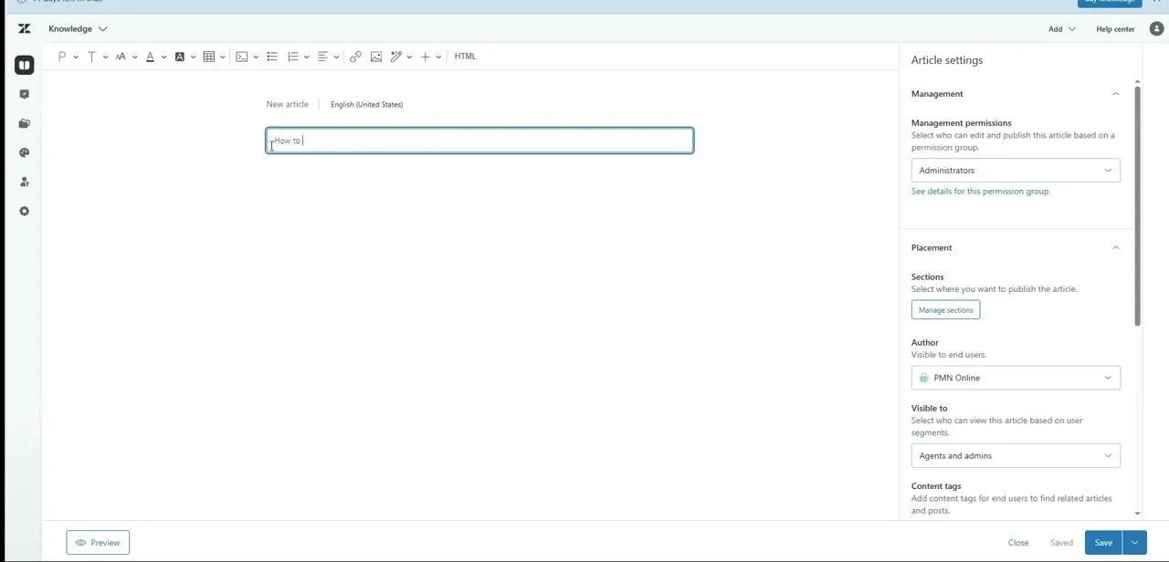 The article editor with a title in progress and the Article settings panel on the right, covering permissions, placement, author, and visibility.